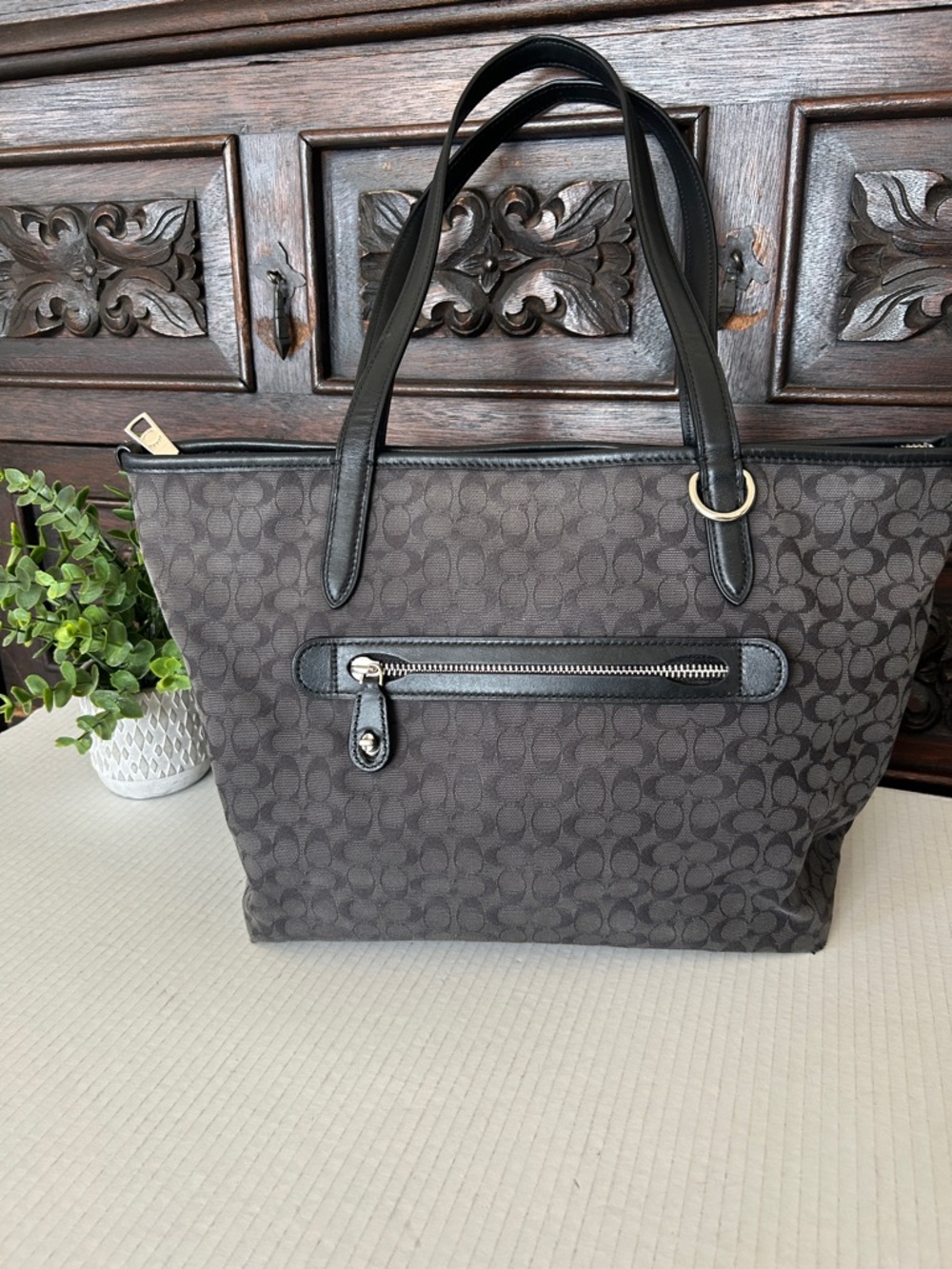 Coach Charcoal Signature Tote with Black Trim